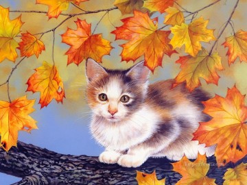 リアルな写真から Painting - 猫の赤もみじの葉の絵画 写真からアートへ
